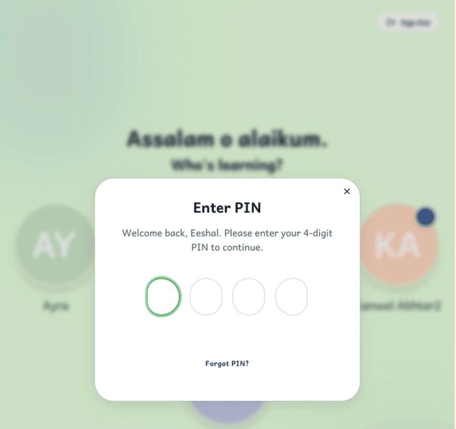 Learner PIN Access Screen
